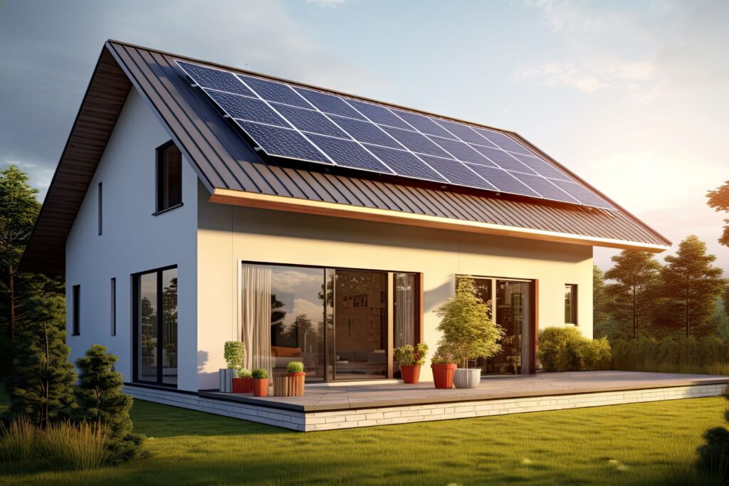 Neues Vorstadthaus mit Photovoltaikanlage auf dem Dach. Modernes, umweltfreundliches Passivhaus mit angelegtem Garten. Sonnenkollektoren auf dem Satteldach